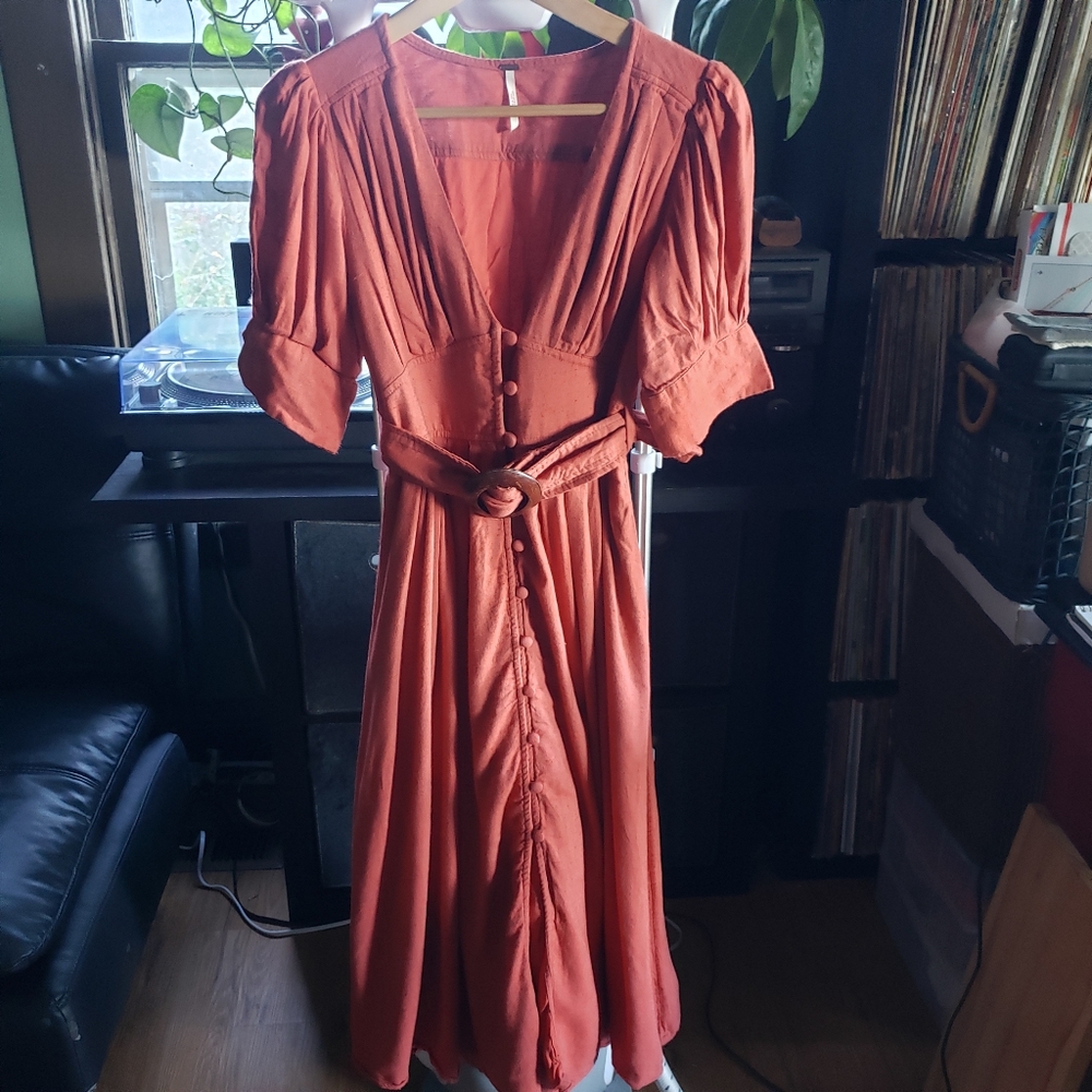 Free People clay deep v-neck neck puff sleeves midi dress